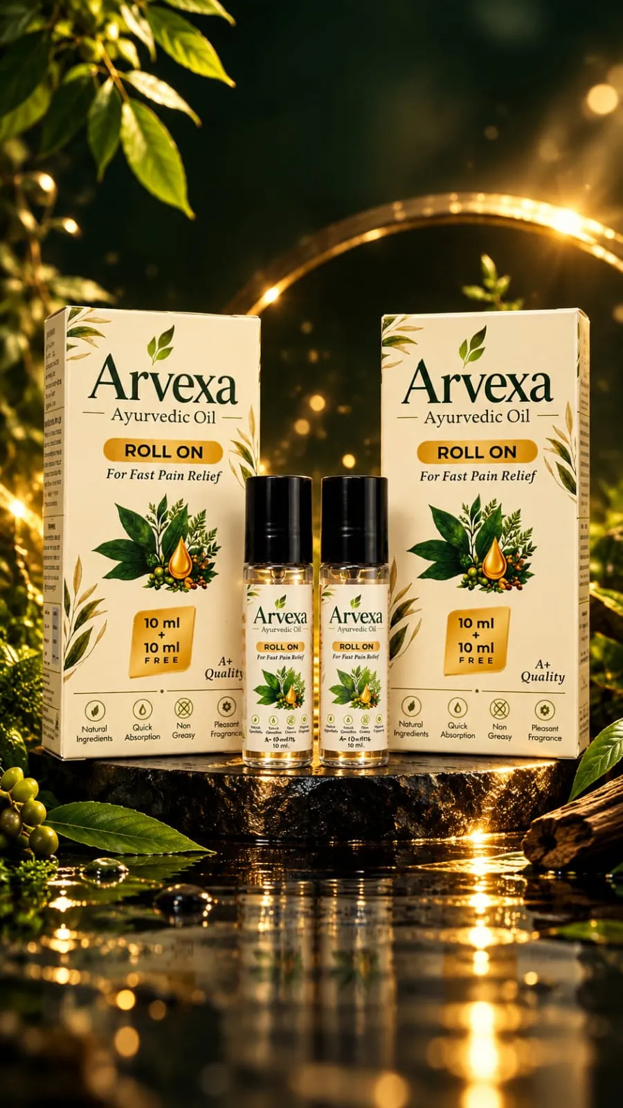 Two Arvexa Ayurvedic Oil boxes with roll-on bottles