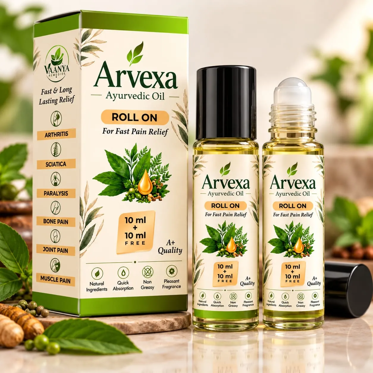 Arvexa Ayurvedic Oil roll-on box with two 10 ml bottles